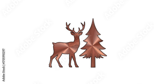 Metallic Copper Deer and Christmas Tree Icon.