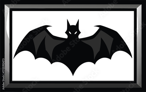 Cute Halloween bat with wings flying on a black background, a funny cartoon illustration