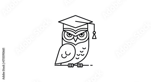 Academic owl in graduation cap minimalist line art icon.