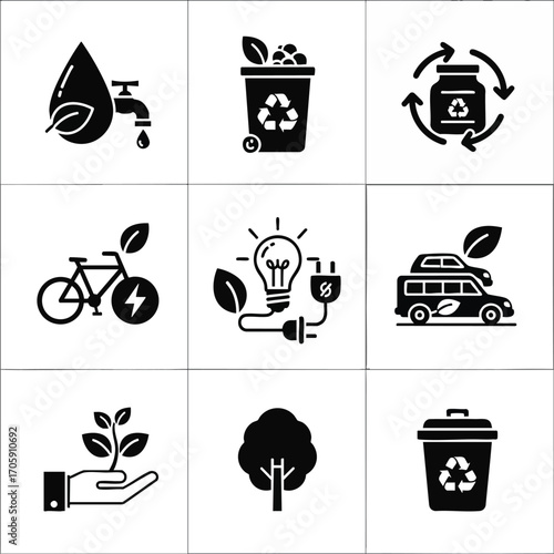 A set of black silhouette eco-friendly icons representing environmental conservation, green energy, recycling, and sustainable transport