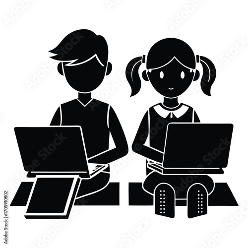 Monochrome students using laptops, concentrated and seated, showing youth involvement with technology