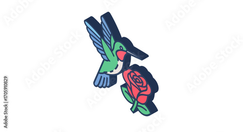 Vibrant hummingbird with outstretched beak approaching a red rose.
