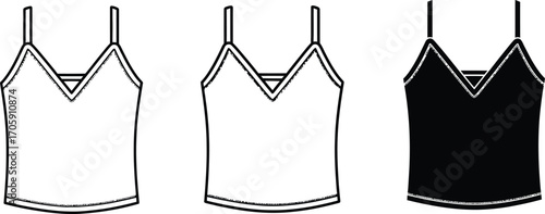 Simple fashion illustration of three camisole tops in different shades