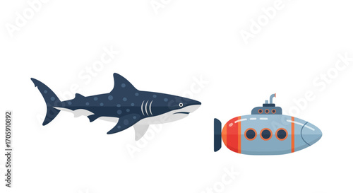 A menacing shark swims alongside a colorful submarine in the ocean depths.