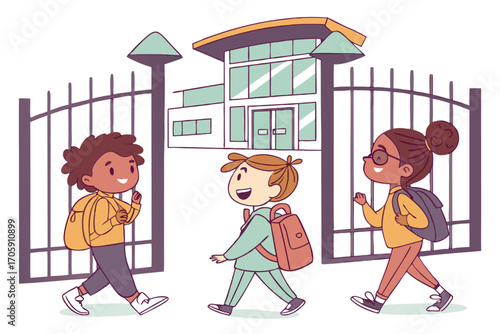 Diverse students smiling as they enter modern school building through the gate with backpacks