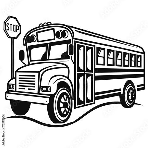 Monochrome school bus stops by a sign showing an instruction while on route