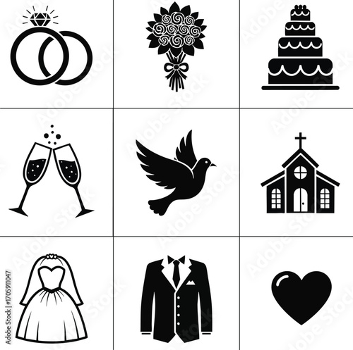 A versatile set of black and white flat design wedding icons. Features essential symbols for marriage and celebration: rings, bouquet, cake, and more