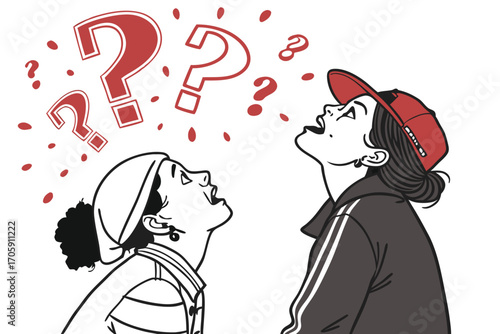 Two young women look up at floating red question marks expressing curiosity