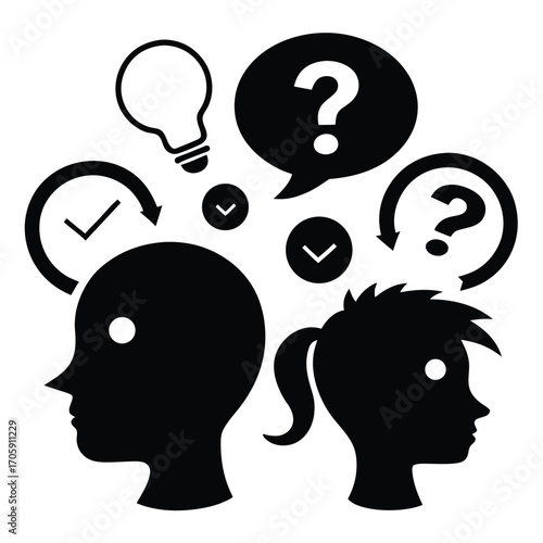 Male and female silhouettes pondering questions and answers, fostering mutual comprehension and bright concepts