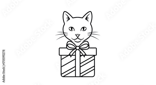 A cute cats head popping out of a striped gift box with a bow.