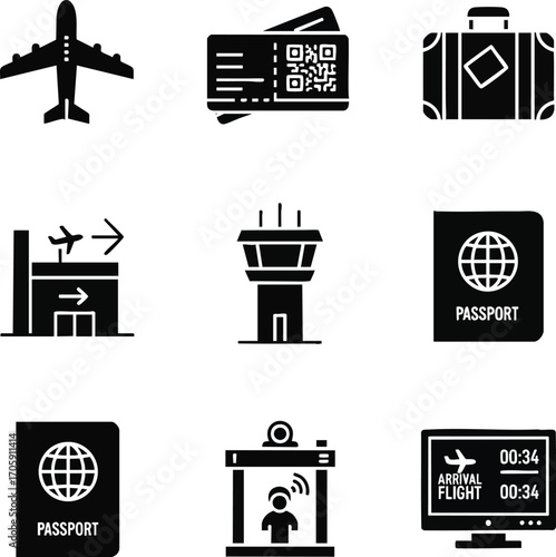 Aviation glyph icons, including airport, ticket, and passport