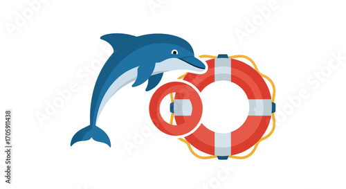 A friendly cartoon blue dolphin jumping with a red and white lifebuoy for sea safety.