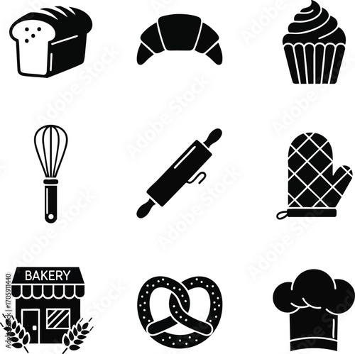 Bakery icons: bread, croissant, cupcake, whisk, rolling pin, oven mitt, bakery shop, pretzel, chef hat