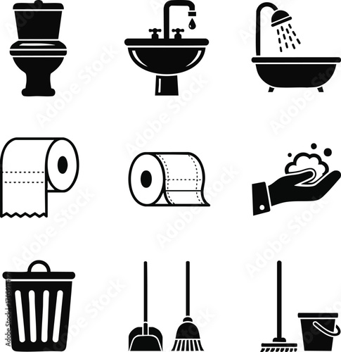 Bathroom cleaning and hygiene vector icons. A set of cleaning equipment, washroom elements, and plumbing fixtures