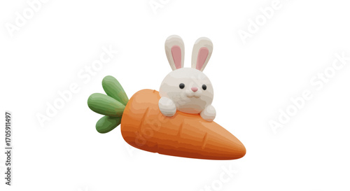 Adorable White Plush Bunny Riding a Giant Orange Carrot Toy.
