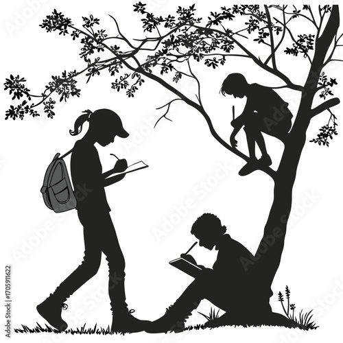 Silhouetted children sketch and draw around a tree with a backpack in nature