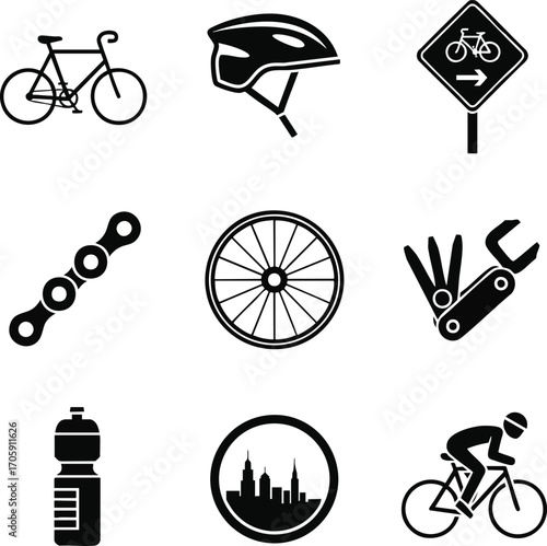 Bike riding icon set illustration. Contains cycling icons in simple black style and set on a white background