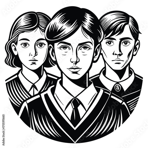 Serious monochrome students wearing uniform stand together, exhibiting a somber and stern demeanor in a circle