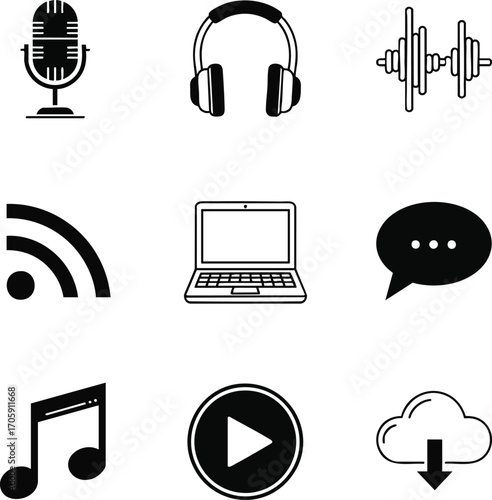 Black and white audio and multimedia icons set vector. Concept: podcasting, social media, online communication, downloading, and music