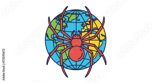 Red Spider Crawling Across a Stylized Globe Illustration.