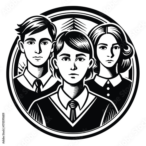 Monochrome emblem showcasing three young people with serious expressions in a circular frame