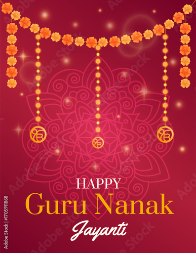 Guru Nanak Jayanti festival poster with flower garlands, glowing lights and mandala background. Indian Sikh religious celebration design concept. Vector illustration.