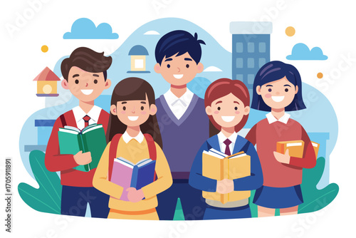 Diverse students holding books smile confidently against a vibrant background of buildings and nature