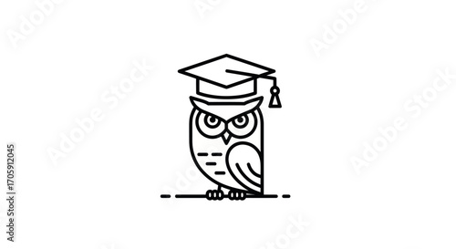 Line Art Illustration of Wise Owl Wearing Graduation Cap.