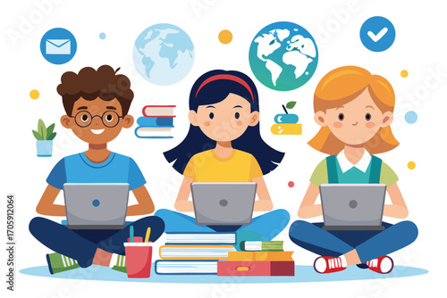 Diverse students are sitting cross legged with laptops while globe and books surround them