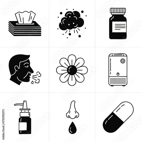 Black and white icons representing allergy symptoms and treatment