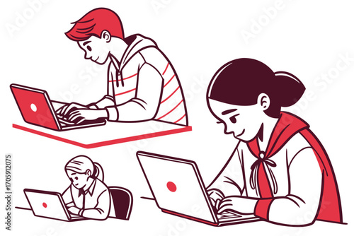 Young people are typing on laptops with focus and concentration for school and personal projects