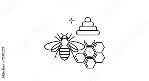 Stylized line art illustration of a bee honeycomb and stacked rings.