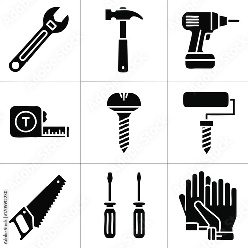 Black and white silhouette tools: wrench, hammer, drill, measuring tape, screw, paint roller, saw, screwdrivers, and work gloves