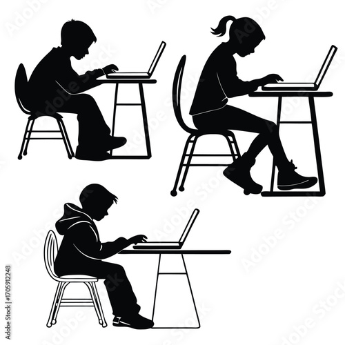 Three diverse children are using their laptops while seated at desks in silhouette