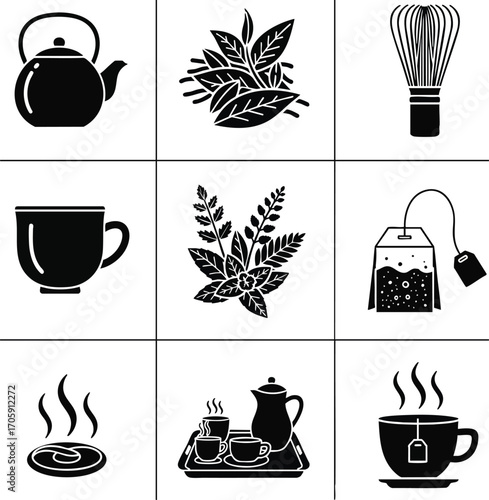 Black and white tea icon set illustration. A variety of tea related items presented in a simplistic style. Ideal for a logo or graphic element