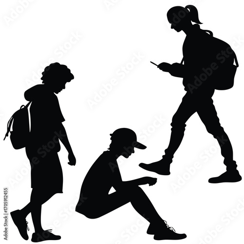 Black silhouettes show teen students walking, sitting, and using a phone device