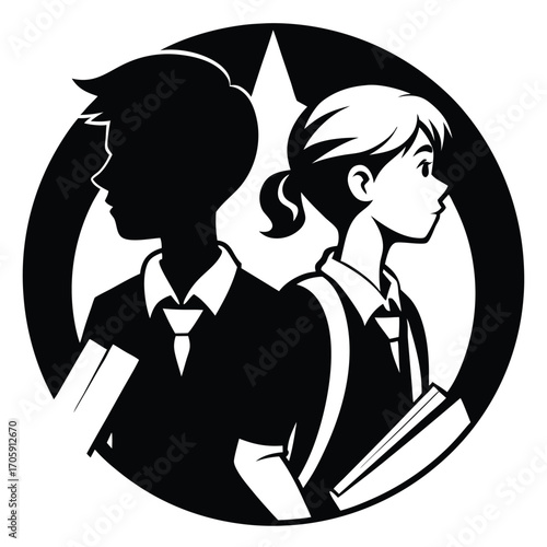 Monochrome students standing back to back inside a circular star shape look to their respective sides