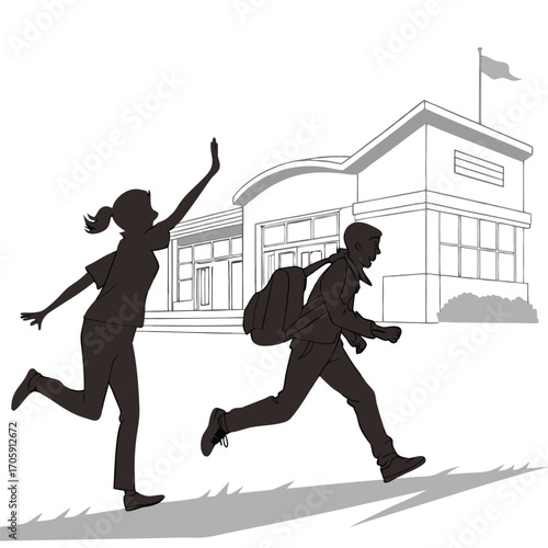 Silhouette reveals schoolgirl waving as schoolboy with backpack rushes by school building