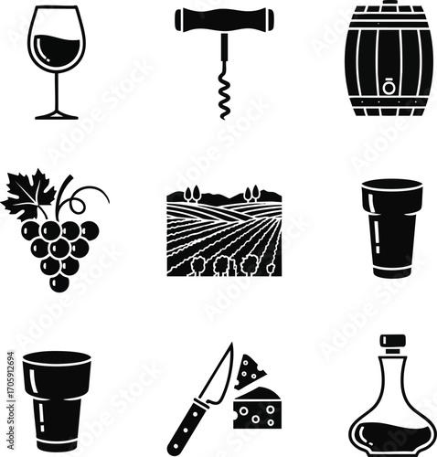 Black and white vector icons for wine culture. Includes a glass, corkscrew, barrel, grapes, vineyard, and cheese
