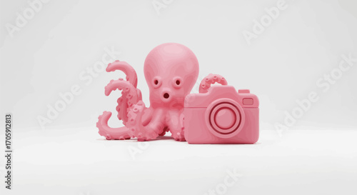 Adorable pink octopus toy with a matching camera accessory.
