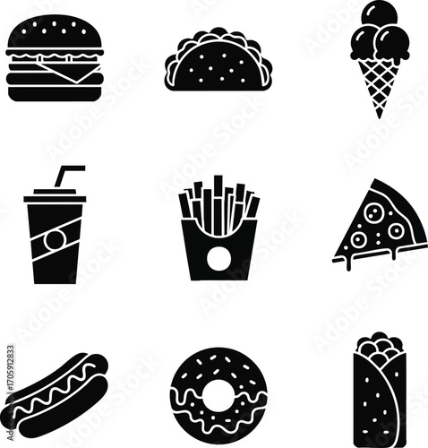 Black flat icon glyphs of popular fast food items: burger, taco, ice cream, soda, fries, pizza, hot dog, donut, and burrito