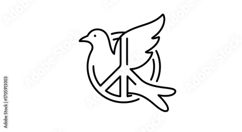 Stylized outline of a dove carrying a peace symbol in flight.