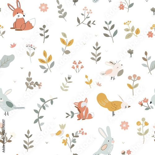  Pastel Wildlife Fantasy: Cartoon Fox, Rabbit, and Bird with Simple Flowers, Sparse Layout, Soft Pastel Tones on Clean White Background, Minimalist Scandinavian-Inspired Seamless Textile Pattern