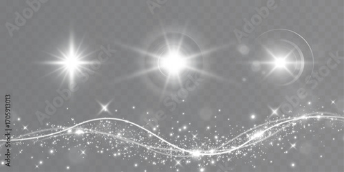 Realistic glowing starburst and glitter dust isolated on transparent background.