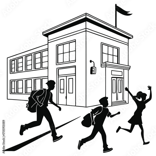 Silhouette of multi ethnic children running excitedly towards school building with flag on top
