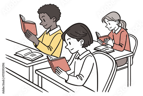 Diverse students intently read books at their desks in a quiet, focused learning atmosphere