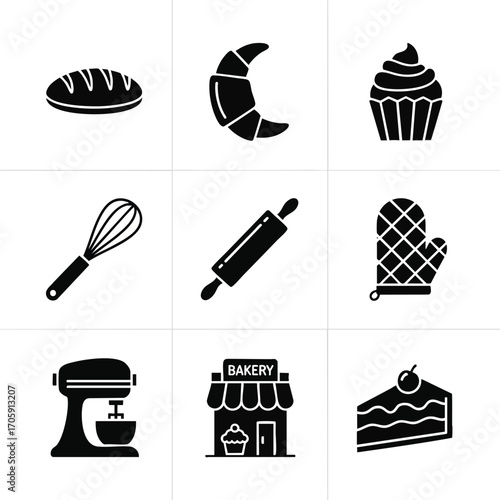 Black silhouette icons for bakery and baking. Collection features baked goods, kitchen tools, and a shop facade