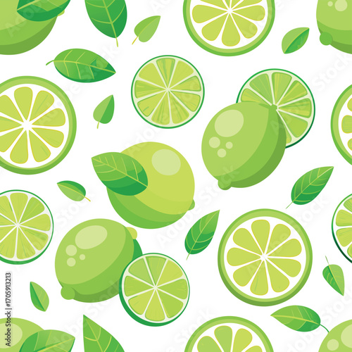 Vector art of seamless pattern of fresh green limes and lime slices with leaves on transparent background