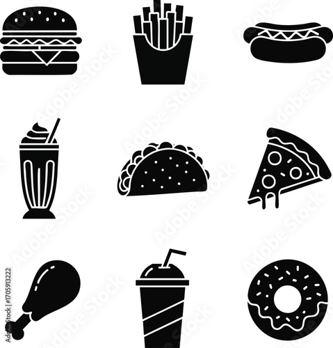 Black silhouette icon set illustrating a variety of popular fast food and snack items