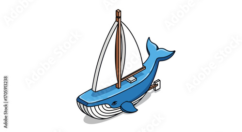 Cartoon Whale-Shaped Sailing Ship with Simple Design.